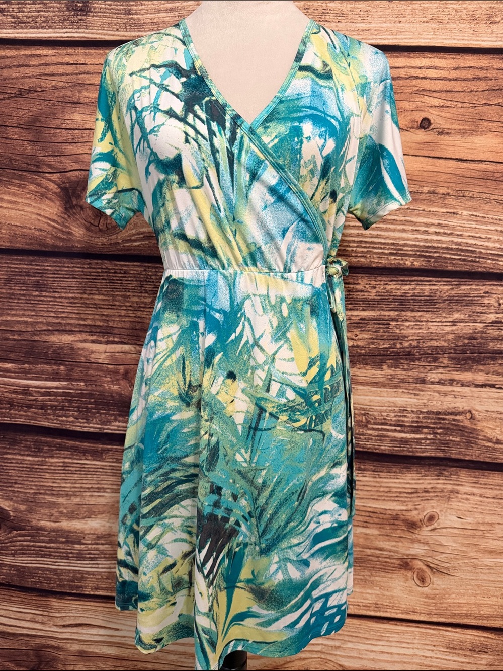 Agnes & Dora Teal, Aqua & Yellow Wrap Midi Dress